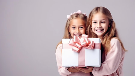 Little girls holding a white present, in the style of light gray and pink. Girls with present for mothers day holding a gift box, over gray-pink background, in the style of childhood arcadias, light maroon, happy expressionism.の素材