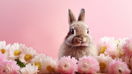 Easter bunny in flowers on pink background. Realistic rabbit close-up. Easter concept. Studio portrait of a rabbit in spring flowers in pink tones.の素材
