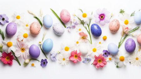 Spring composition of painted Easter eggs and first spring flowers on a white background. Easter eggs and flowers on a white background. Flat lay, top view.の素材