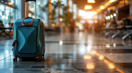 Blue travel suitcase on the floor in the airport terminal. Travel bag on blurred background of airport waiting room. Stylish travel suitcase close-up at train station against the backdrop of bokeh lights. Travel and tourism concept. Selective focusの素材