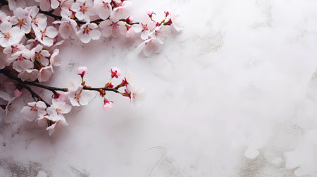 Cherry blossomly background with copy space for your text. Branch of spring flowering tree isolated on light grunge background.の素材