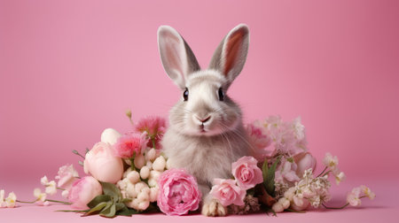 Cute bunny and flowers on pink background. Easter holiday concept. Cute Easter bunny. Place for text.の素材