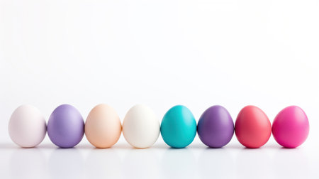 Eight multi-colored plain Easter eggs in one horizontal row with space for text. Easter eggs on white background with copy space. Happy Easter concept.の素材