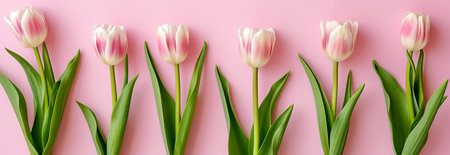 Pink tulips on pink background. Flat lay, top view. Spring tulip flowers on pastel background. Greeting for Mothers Day.の素材
