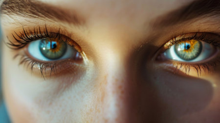 Close-up of a beautiful young woman's blue eyes. Macro. A beautiful insightful look eye. Daring look, stylish makeup, hyper-realism.の素材