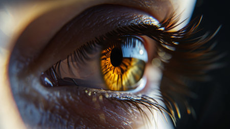 Macro shot of a beautiful woman's eye with long eyelashes. Girl's eye without makeup, close-up of brown eyes.の素材