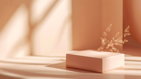 Minimalist podium template for product showcase or stand for cosmetic products. Product mockup template made from luxury neutral materials. Interior of the room in peach tones on a sunny day.の素材