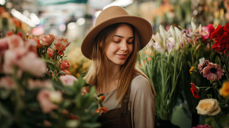 Happy European girl in stylish hat on the background of floral bouquets. Portrait of a young girl 18-25 years old with closed eyes and a cute smile. Concept of quiet luxury.の素材