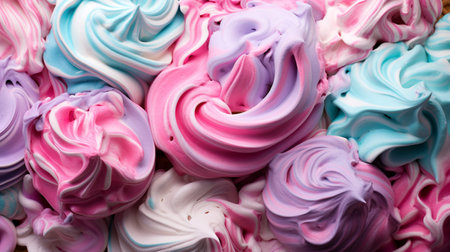Multi-colored soft serve ice cream is deliciously arranged for a treat. Rainbow swirl of delicious ice cream. Detailed sweet creamy texture. Close-up of pink, blue and lilac whipped cream texture as background. Ice cream cafe advertisement.の素材