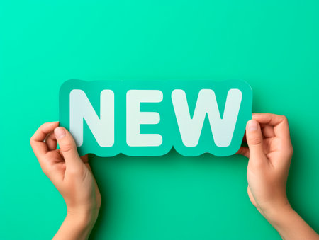 Hands holding new word on turquoise background, top view. Phrase NEW on sticker on green background. Close-up of a woman's hands holding a green -NEW- sign against a blackboard background.の素材