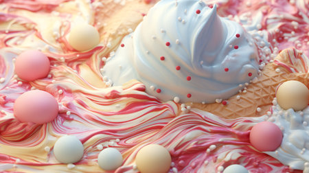 Ice cream texture close-up. Cake with pink and white cream, close-up, macro. Colorful soft serve ice cream is deliciously presented as a treat. Rainbow swirl of delicious ice cream. Detailed sweet creamy textureの素材