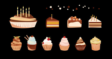 Flat set of cake. Colorful delicious desserts, birthday cakes with celebration candles and chocolate...