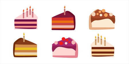 Set of 6 cake pieces. Vector flat illustration. Cartoon colorful cupcakes. Collection of desserts...