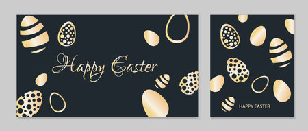 Happy Easter luxury greeting cards collection. Easter holiday invitations templates set with golden eggs. Vector illustration.のイラスト素材