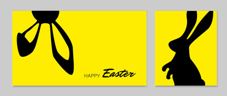 Easter Set of banners, greeting cards, posters, holiday covers. Minimalistic background with rabbits on the grass Modern art minimalist style. Greeting easter card.のイラスト素材