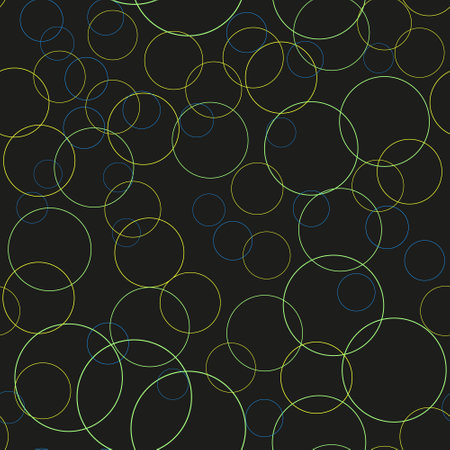 Seamless pattern with green circles and dots of different sizes in a chaotic manner. Various diameter round shapes randomly placed on black background. Vector repeating texture for textile. Trend pattern.のイラスト素材