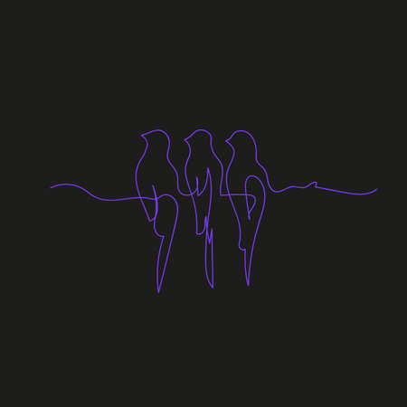 Continuous one line drawing. Three seating Birds from neon violet line on black background. Concept for card, banner, poster, flyer.のイラスト素材