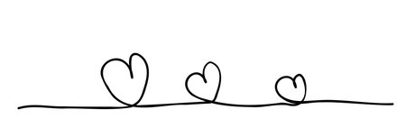 Three hearts. Continuous line art love shapes on white background. Hand drawn doodle sketch. Vector illustration from one line. Illustration for postcard, business card, invitation, wedding card, valentine. Reclaimable line.のイラスト素材