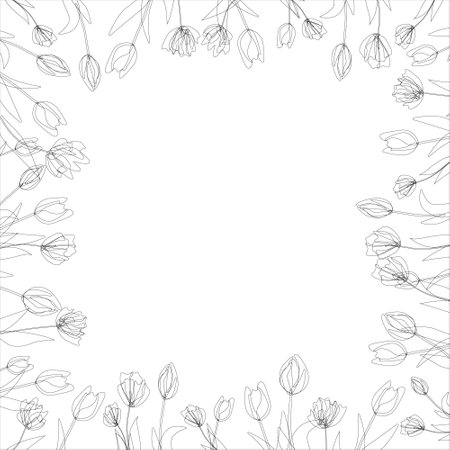 Vector round frame, wreath from outline tulips. Spring flowers. Hand drawn doodle isolated. Background, border, decoration for greeting card, Valentine s, Women s or Mother day.のイラスト素材