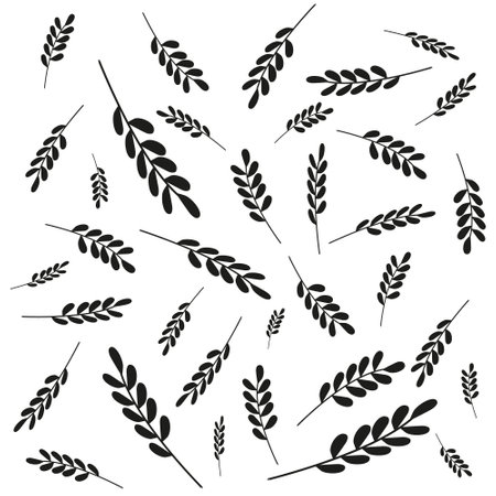 Doodle botanical elements repeat pattern. Hand drawn vector branches, leaves and plants all over surface print. Black on white background nature pattern. Set of leaves repeat pattern. Random placed.のイラスト素材