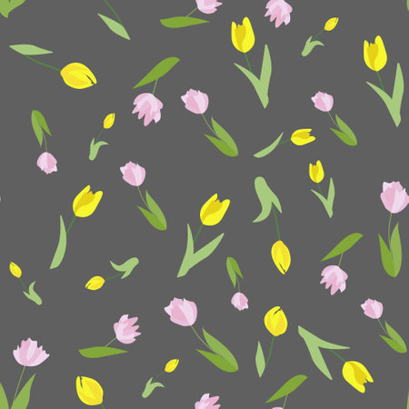 Seamless floral pattern of stylized Tulip flowers for printing, fabrics. Flowers are arranged in a chaotic manner on a gray background. Pattern with repeating spring flowers.のイラスト素材
