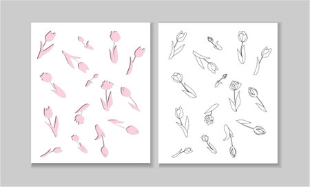 Floral templates with cute tulips. Doodle flowers. For design, announcements, greeting and business cards, invitations and advertisement. Paper cards with pink outline tulips with shadows. Templates.のイラスト素材