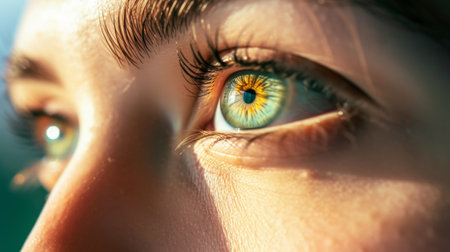 Close-up image of a beautiful female eye with a green iris. Open eye, macro photography. Macro of Human Eye. Daring look, stylish makeup, hyper-realism.の素材