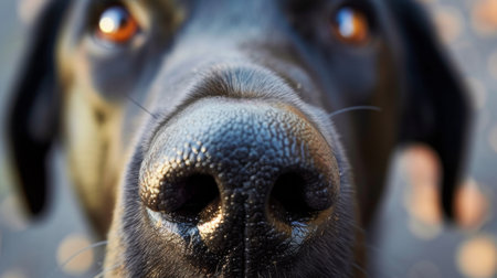 The image shows a black wet nose of a dog in extreme closeup. The dogs fur is black, and its eyes are brown. The background is out of focus and is a light brown color.の素材