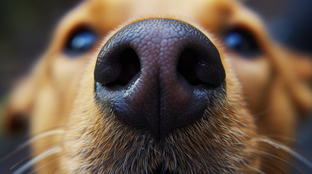 The image shows a close-up of a dogs nose. The skin texture and hair are clearly visible, and the dogs nose is slightly wrinkled. The background is out of focus and is a light brown color.の素材