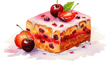 A delicious cake with cherries and peaches on a white surface. Ideal for summer picnics or special occasions, this dessert is a treat for the senses. Great for celebrations with loved ones.の素材
