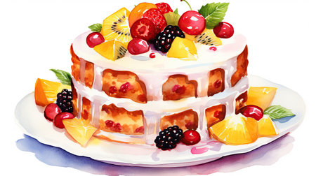 Cake topped with an assortment of fresh fruits and berries, sitting on a pristine white surface. Perfect for a special occasion or as a sweet treat. Isolated on a white background.の素材