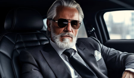 An elderly man exudes power and success in a luxurious car, wearing a suit and tie. His gray hair and beard add to his distinguished appearance, embodying leadership and sophistication.の素材