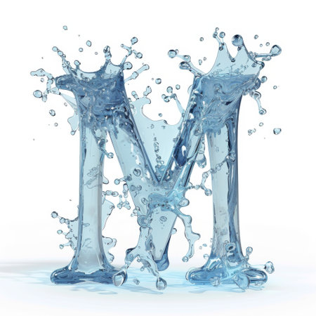 Alphabet, letter M. Splash of water takes the shape of the letter M, representing the concept of Fluid Typography. A letter of the Latin alphabet for a stylish design.の素材