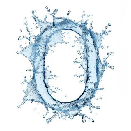 Blue water splash isolated on white background. Blue alphabet isolated on white. Number zero. Letter O. Water splash alphabet isolated on white background. Blue water font. Letter O. Stylized font, capital number 0, text made of water splashes.の素材