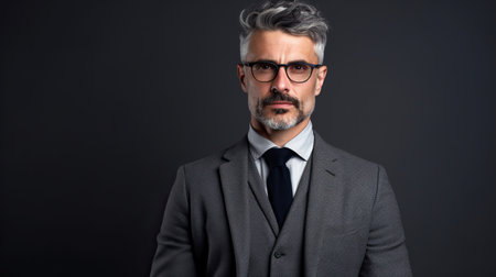 Bearded man wearing glasses and a dark suit with a serious expression, standing against a dark background. He has a beard, mustache, and is looking directly at the camera.の素材