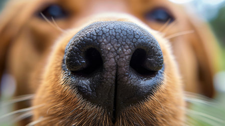 The image shows a close-up of a dogs nose with visible details and hairs. The nose is pink and has a black spot on the top. The hairs around the nose are brown and white.の素材