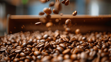 Indulge in the mesmerizing sight of rich coffee beans cascading onto a rustic wooden surface, promising the perfect brew for coffee connoisseurs seeking a moment of pure bliss.の素材