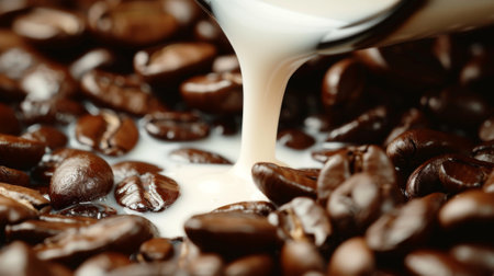 Close-up of coffee beans with milk being poured over them. The milk is flowing in a thin stream and creating a small splash as it hits the beans. Isolated on a white background.の素材