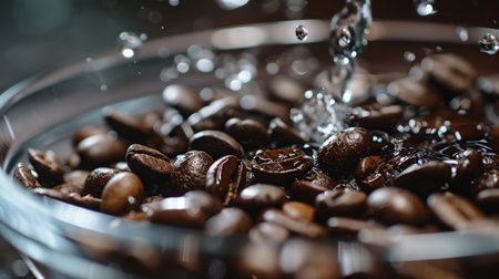 A captivating slow-motion scene of coffee beans cascading gracefully from a glass bowl as water gently splashes, forming a mesmerizing display against a sleek black backdrop.の素材