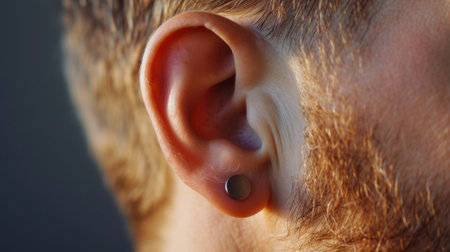 Close-up shot of a mans ear with a stylish black stud earring, paired with blonde hair and beard, set against a soft grey backdrop. Exudes modern fashion and sophistication.の素材