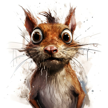 Digital painting of a charming squirrel with big, expressive eyes and a fluffy tail, standing on hind legs in a curious pose. Displayed in vibrant colors on a white background with paint splotches.の素材