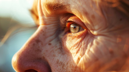 Close-up of an elderly womans eye with crows feet, freckles, and wrinkles, bathed in warm sunlight. Light blue eye gazes sideways, revealing signs of aging on the skin.の素材