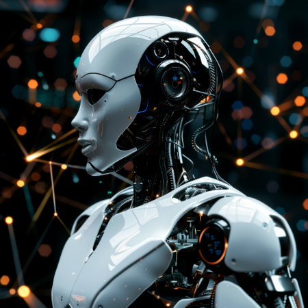 A futuristic robot with glowing blue eyes and a sleek white body, isolated on a black background. The robot exudes power and readiness, with a modern design and a fierce stance.の素材