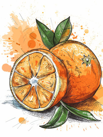 A watercolor painting of an orange. The orange is halved, and you can see the juicy interior. The orange is isolated on a white background with watercolor paint splatters.の素材
