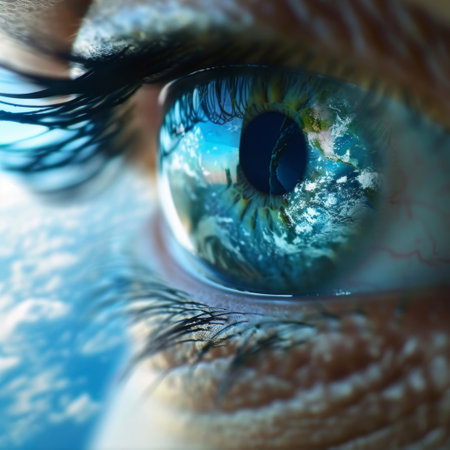 Close-up image of a womans eye reflecting Earth in the iris. Eye gazing outward with long, dark lashes. Earth shows blue, green, and clouds. A mesmerizing view connecting nature and human biology.の素材