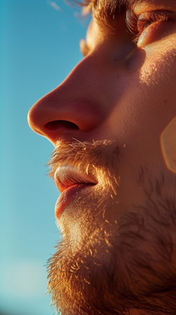Close-up of a bearded man with closed eyes and a peaceful expression, illuminated by warm sunlight against a blue sky backdrop, creating a warm and inviting atmosphere.の素材