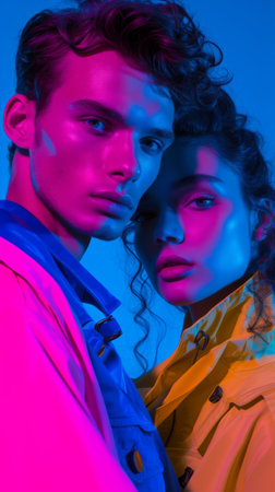 A young couple with vibrant makeup posing for a photo. The man, dressed in a dark suit, gently touches the woman wearing a yellow jacket. They stand under a blue spotlight against a dark background.の素材