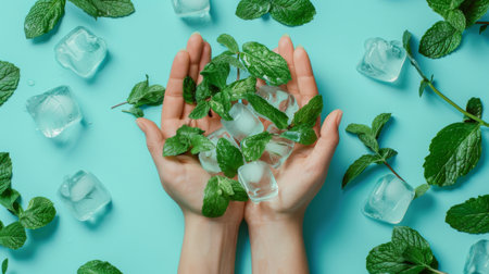 Experience the coolness of ice cubes and mint leaves in a serene blue setting. Radiate invigorating vibes, perfect for revitalization, refreshment, and enjoying natures goodness.の素材