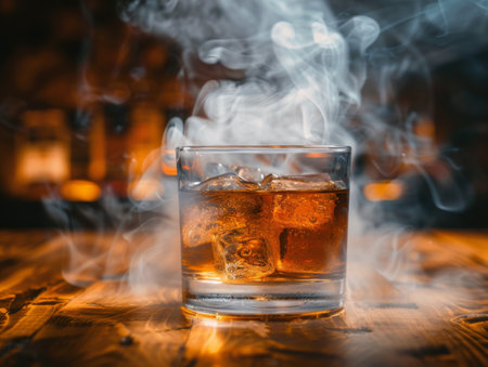 Glass of whiskey with ice on a wooden table surrounded by smoke. Glass of amber liquid with ice cubes on dark wooden table with blurred warm lights in the backgroundの素材