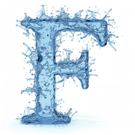 Ice letter F. Aquamarine Latin letter made of water and splash on white background. Letter F water splash alphabet isolated on white. 3D rendering illustration. Printed font for nautical themes.の素材